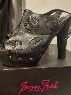 Iron Fist Black Ruff Rider Rhinestone Skull Platform Slingback Heels Size 10